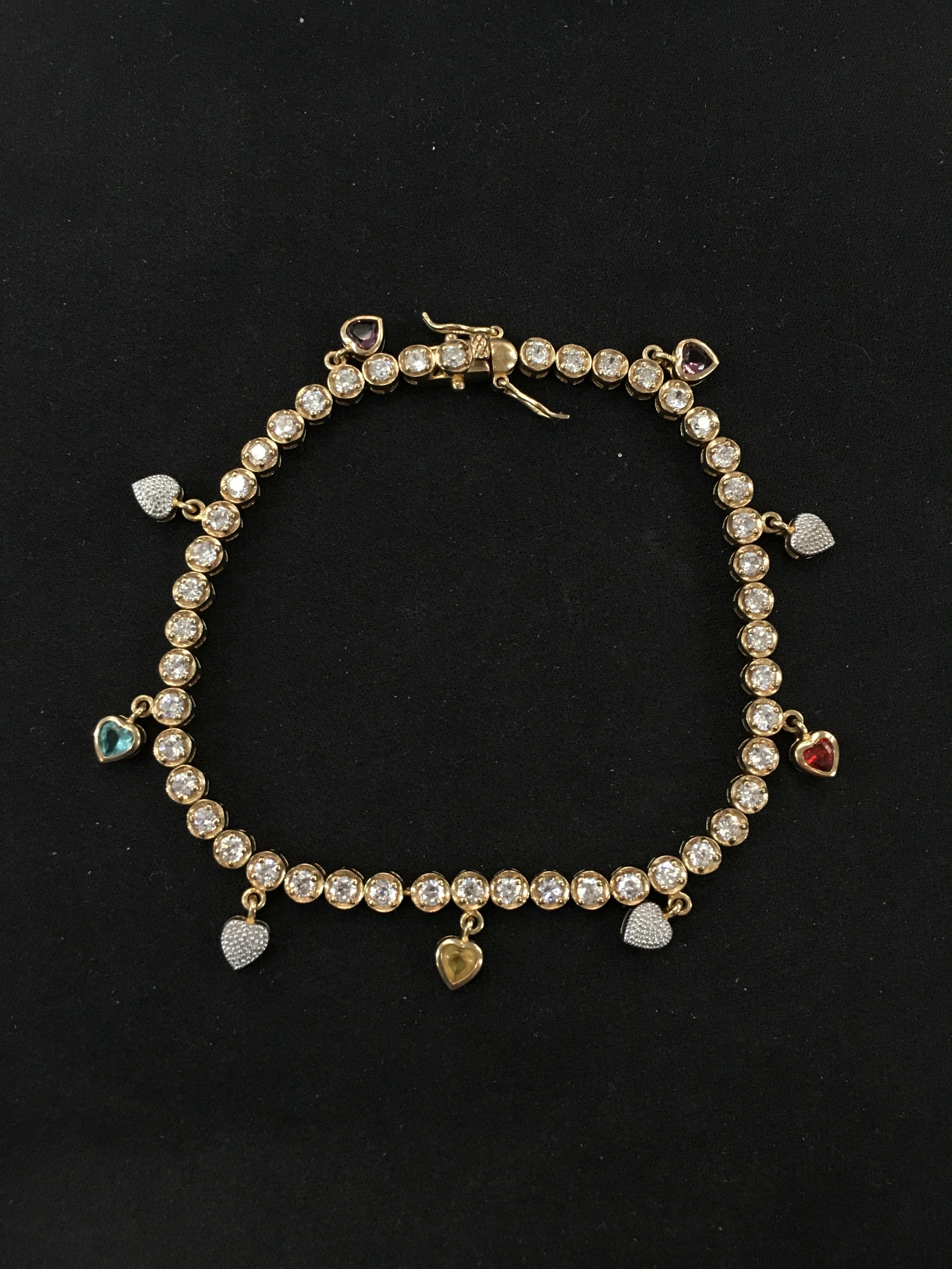 Gold-Tone 10" Sterling Silver Tennis Bracelet w/ Dainty Multi-Gemstone Heart Charms