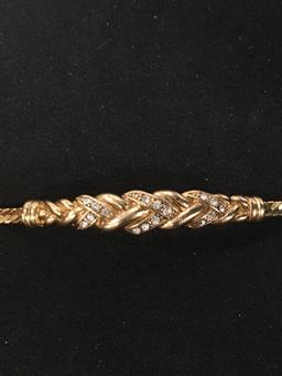 Gold-Tone Sterling Silver 8" Serpentine Bracelet w/ Braided Gold-Tone Sterling Silver & Rhinestone C