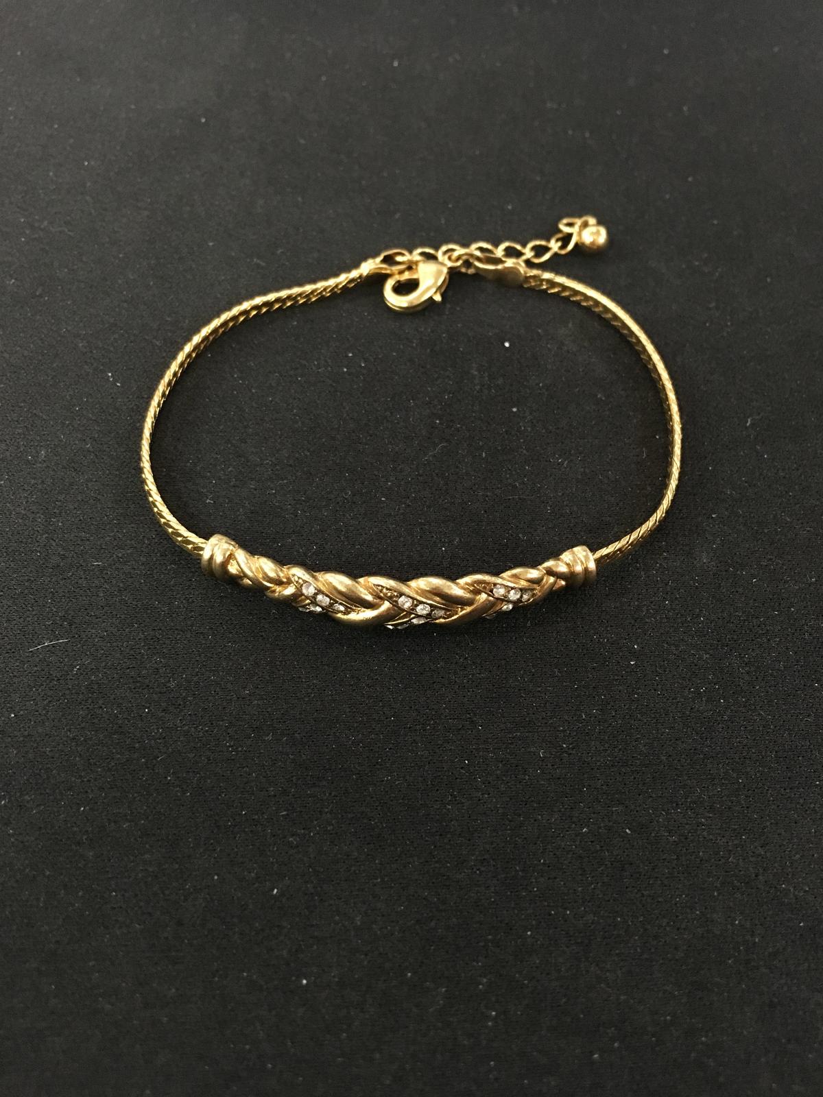 Gold-Tone Sterling Silver 8" Serpentine Bracelet w/ Braided Gold-Tone Sterling Silver & Rhinestone C