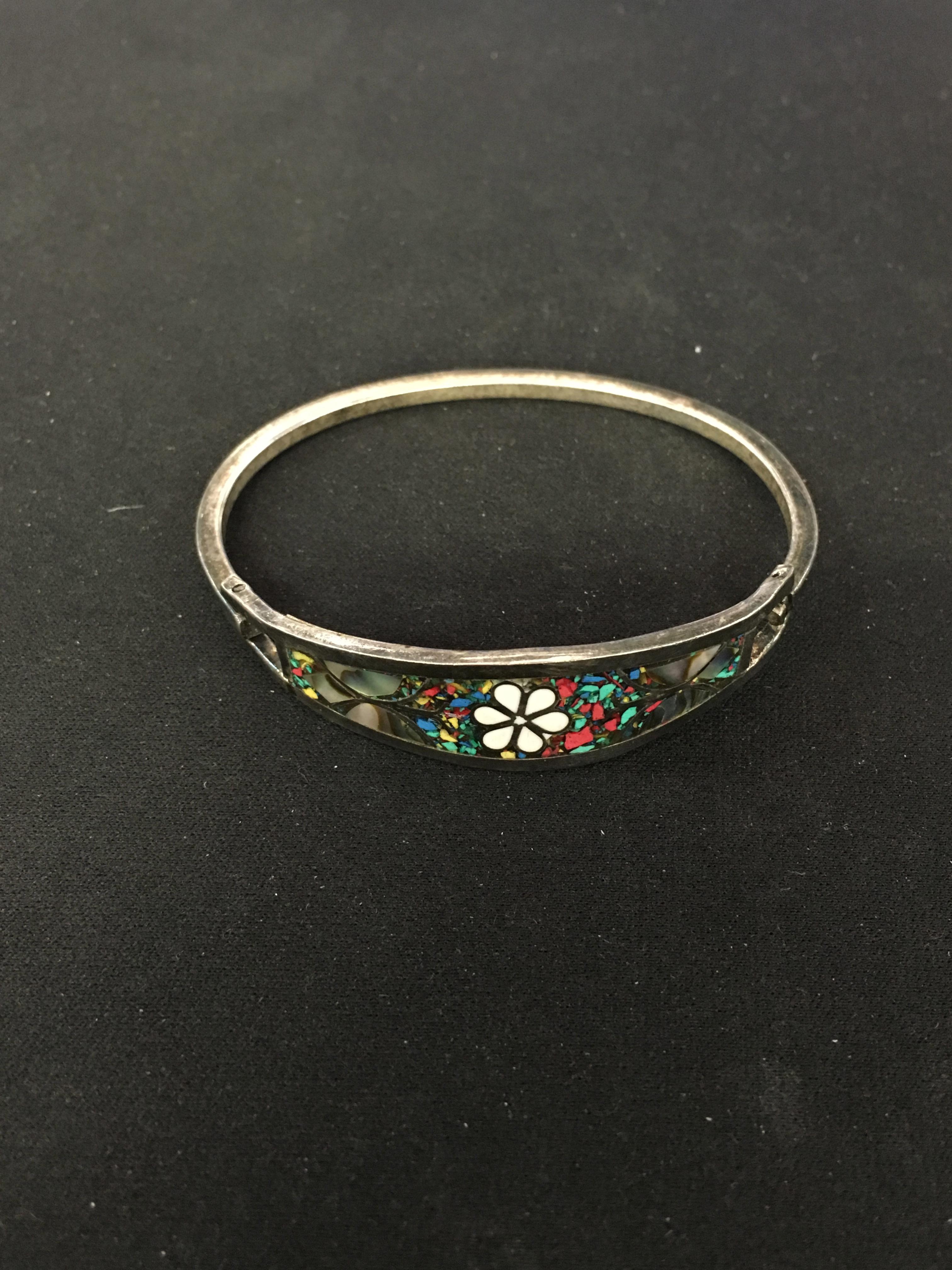 Old Pawn Native American Sterling Silver Bangle Bracelet w/ Muti-Gemstone & Mother of Pearl Inlay