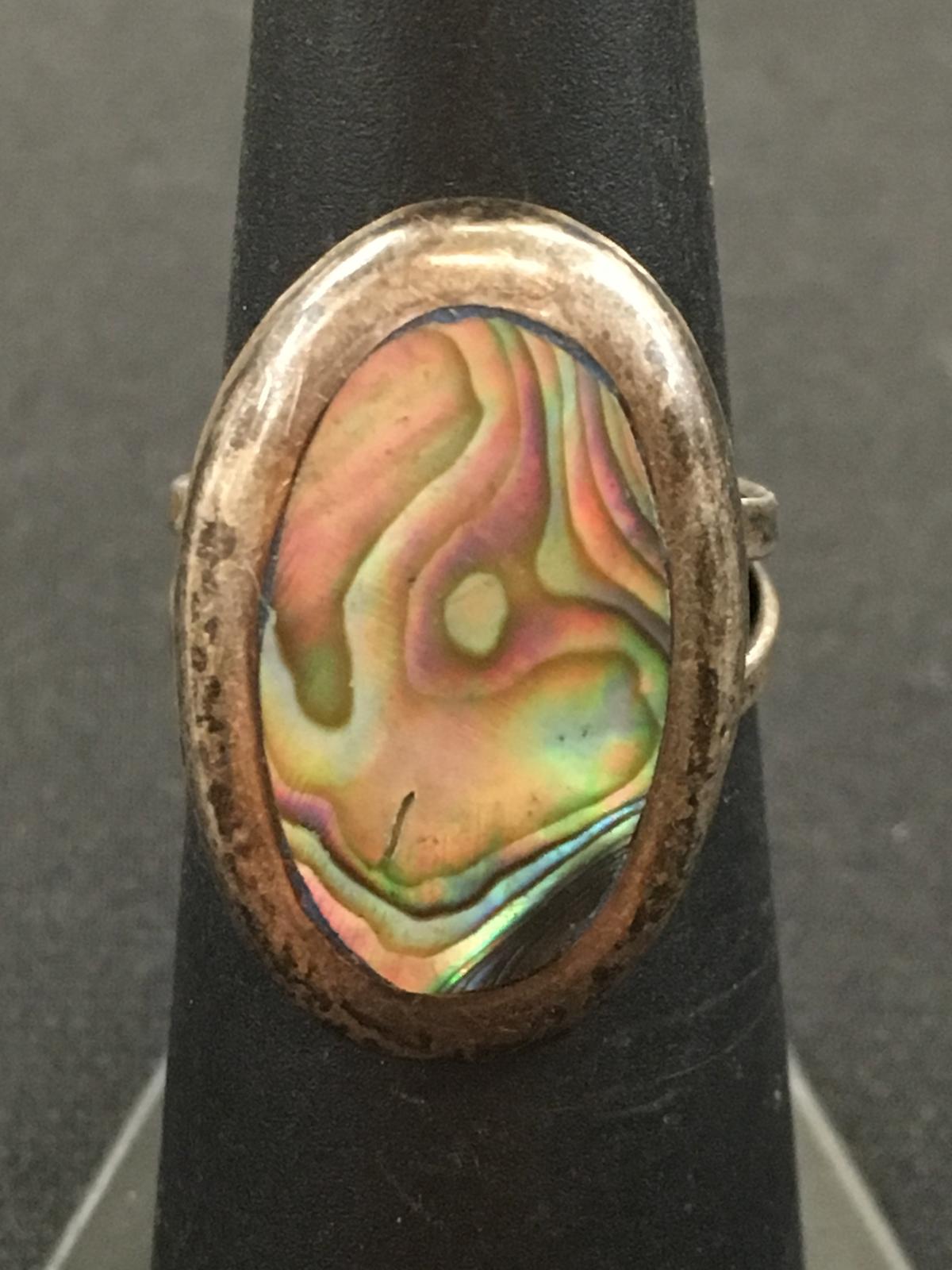 Old Pawn Sterling Silver & Abalone Inlay Ring - Size 5.75