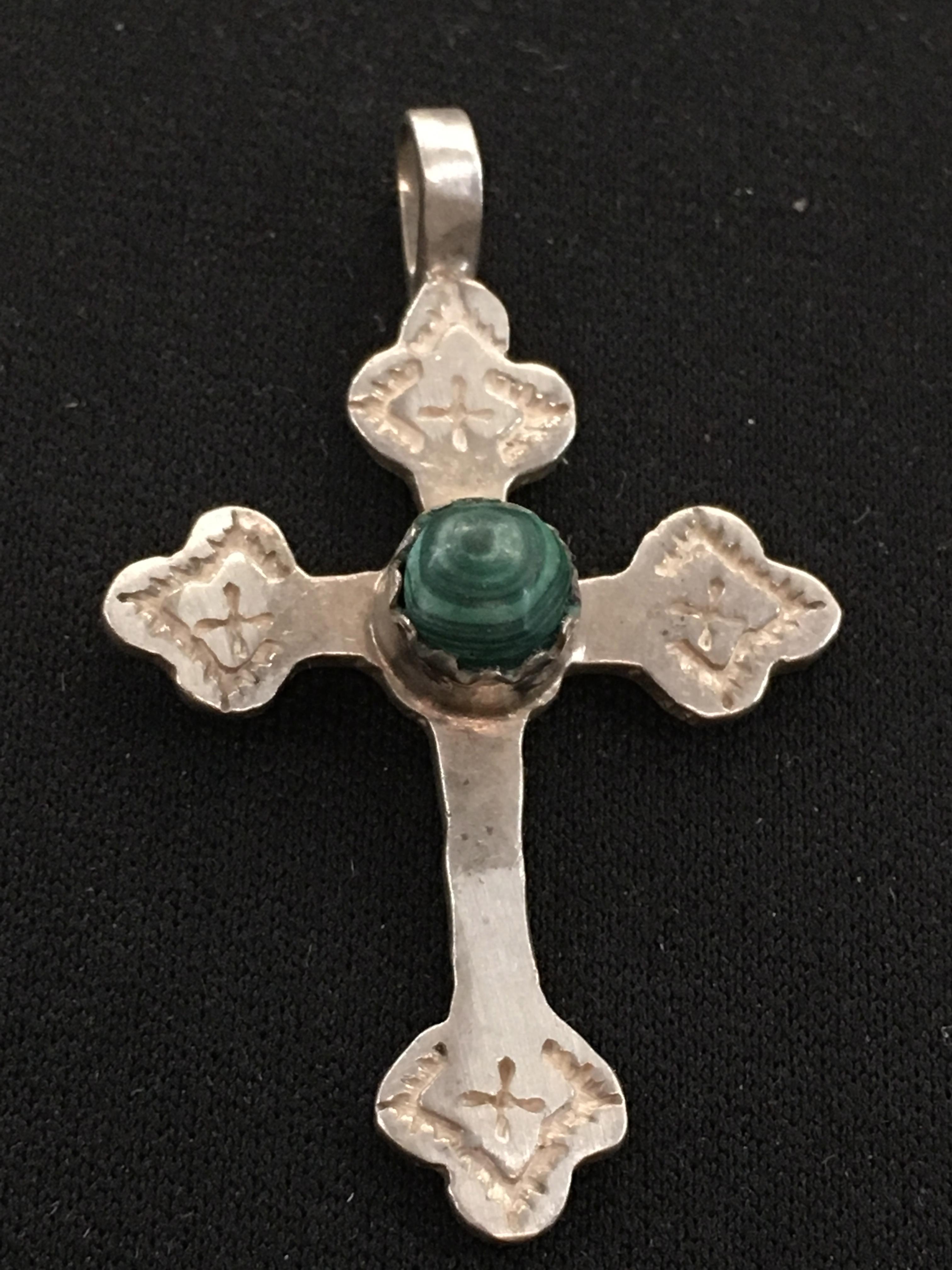 Old Pawn Hand Made Rustic Sterling Silver Cross w/ Malachite Cabachon