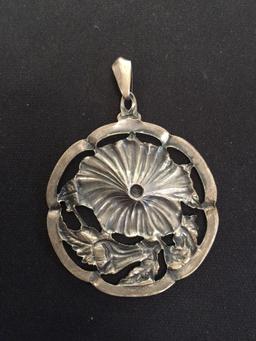 Large Vintage Sterling Silver "Morning Glory Flower" Motif Pendant