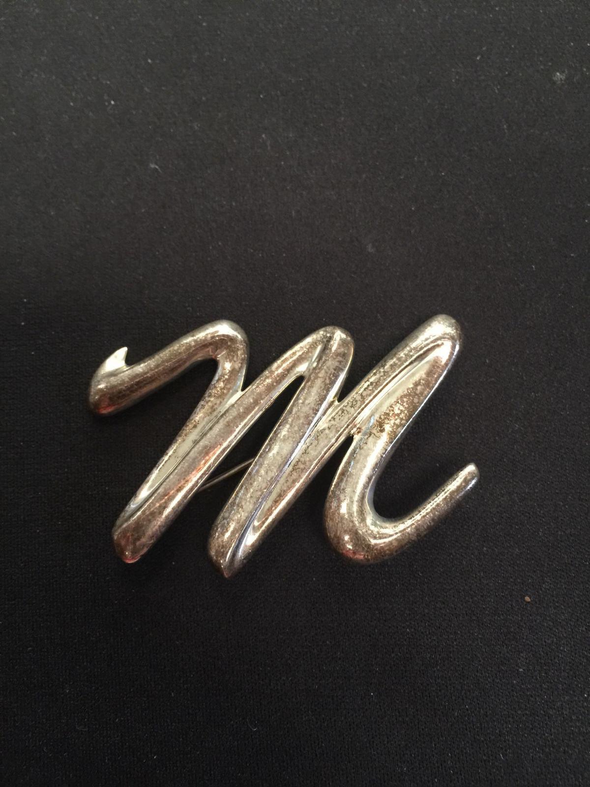 Thai Made Sterling Silver Signet Initial "M" Brooch