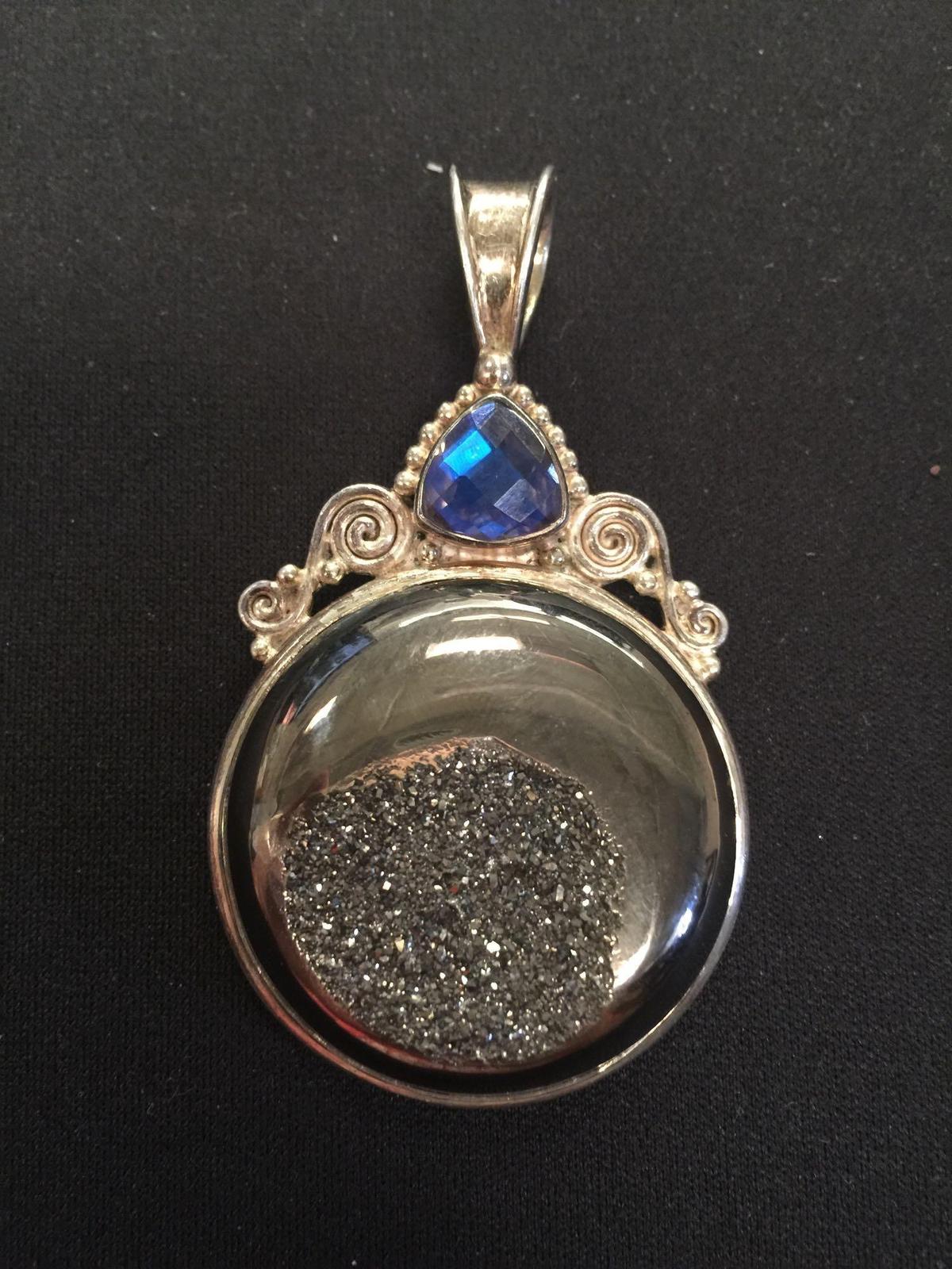 Modern Large Sterling Silver Druzy Quartz Pendant w/ Mystic Topaz Checkboard Trillion - 33 grams