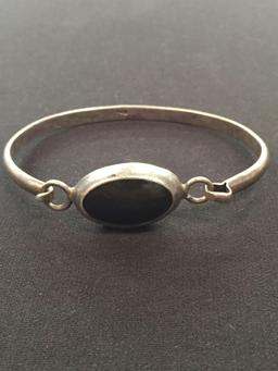 Old Pawn Mexico Sterling Silver Onyx Inlaid Bangle Bracelet