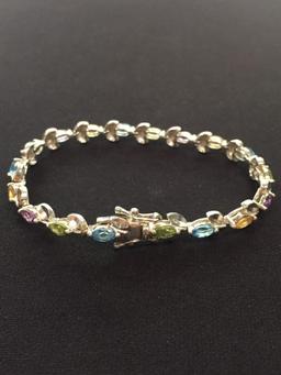 Thai Made Multi-Colored Gemstone 8" Sterling Silver "Leaf" Link Tennis Bracelet