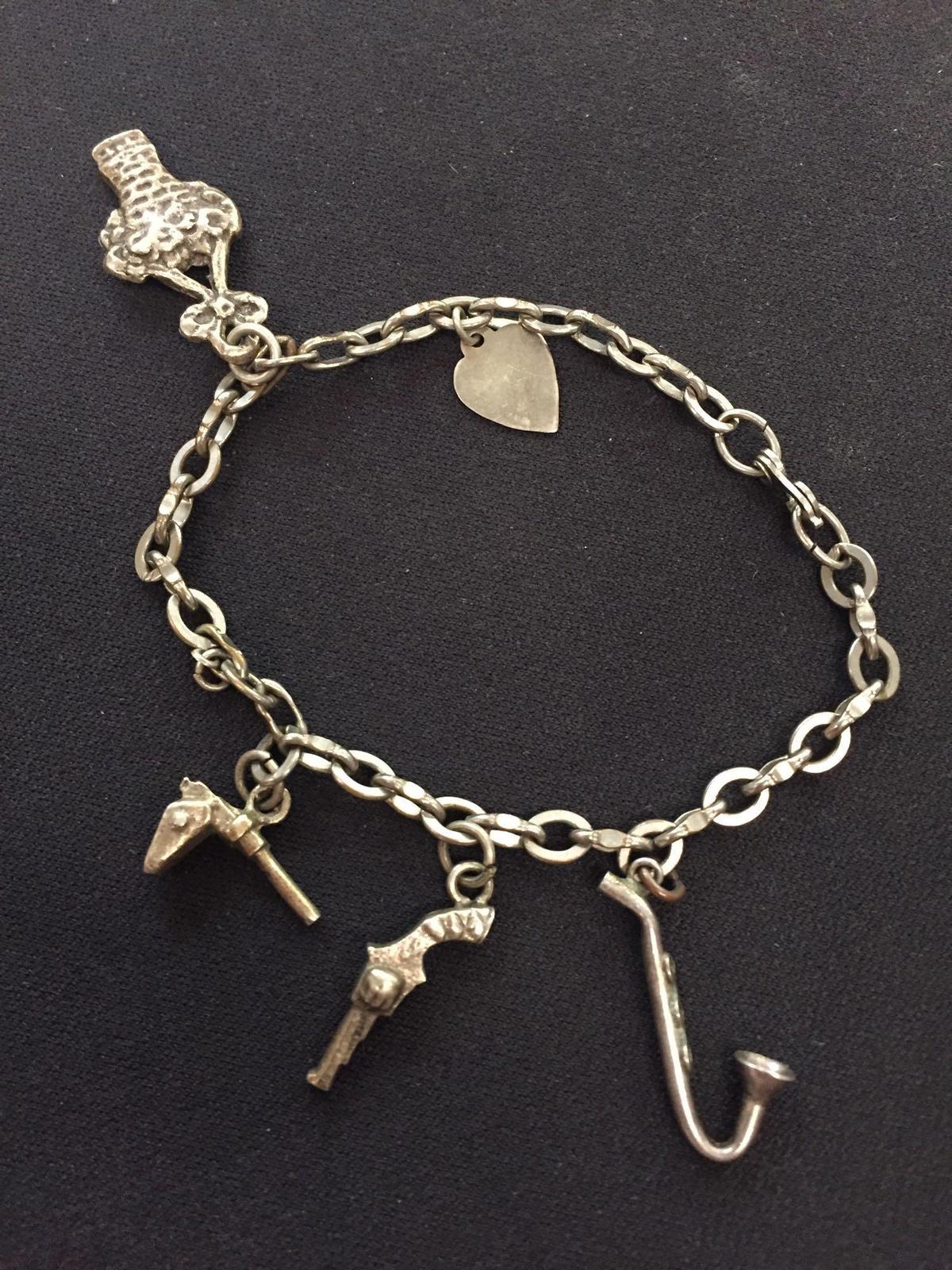 Sterling Silver 8" Cable Link Charm Bracelet w/ Charms