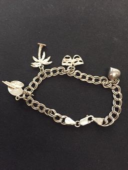 Italian Made Double Curb Link 7" Sterling Silver Charm Bracelet w/ Charms