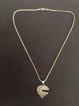 Hand-Etched "Key to Heart" Sterling Silver Pendant w/ 16" Rope Chain