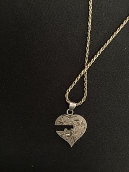 Hand-Etched "Key to Heart" Sterling Silver Pendant w/ 16" Rope Chain