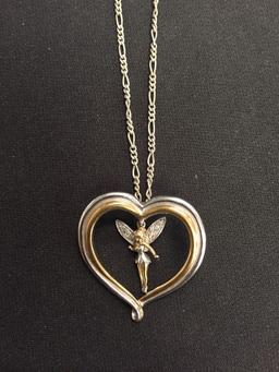 Large Two-Tone Open Heart Pendant w/ Diamond Accented "Tinkerbell" & 16" Figaro Chain