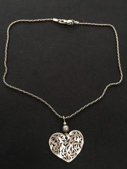 Vintage Handmade Sterling Silver Filigree Heart Pendant w/ 16" Rope Chain