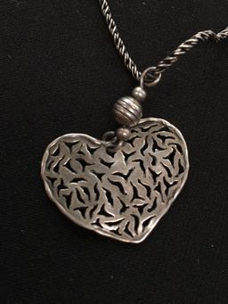 Vintage Handmade Sterling Silver Filigree Heart Pendant w/ 16" Rope Chain