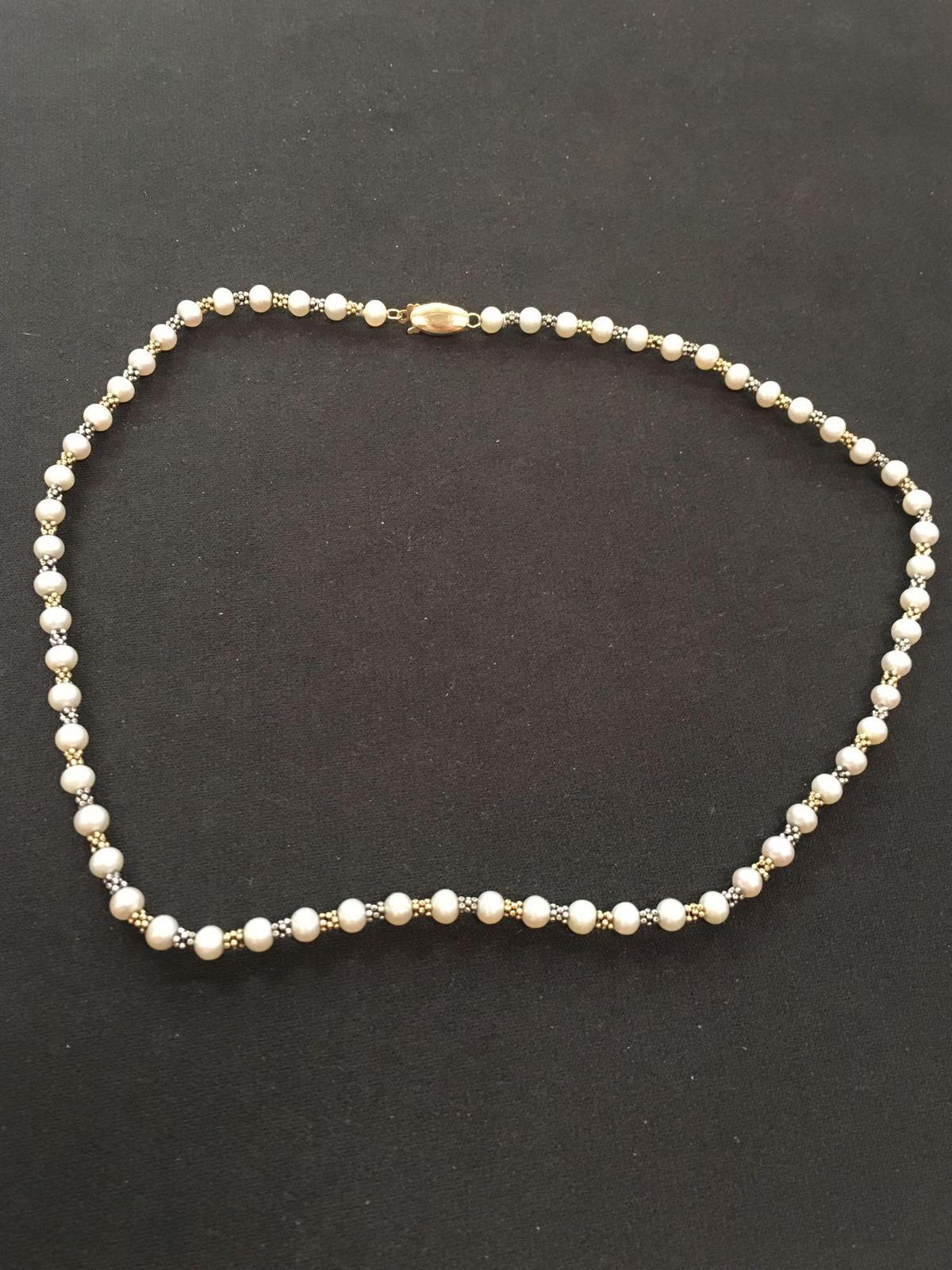 Hand-Strung 16" Freshwater Pearl Necklace w/ 14K Yellow Gold & Sterling Silver Accents