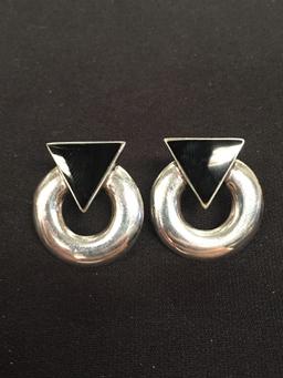 Modern Onyx Inlaid Sterling Silver Earrings