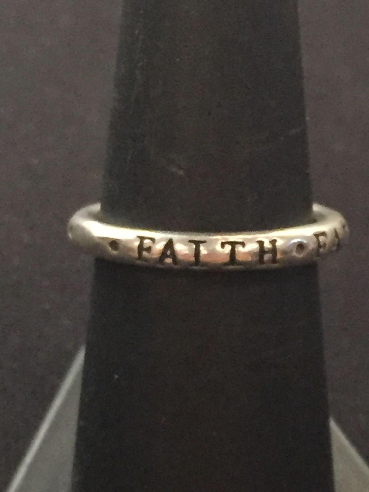 "Faith" Carved Sterling Silver Ring - Size 6.75