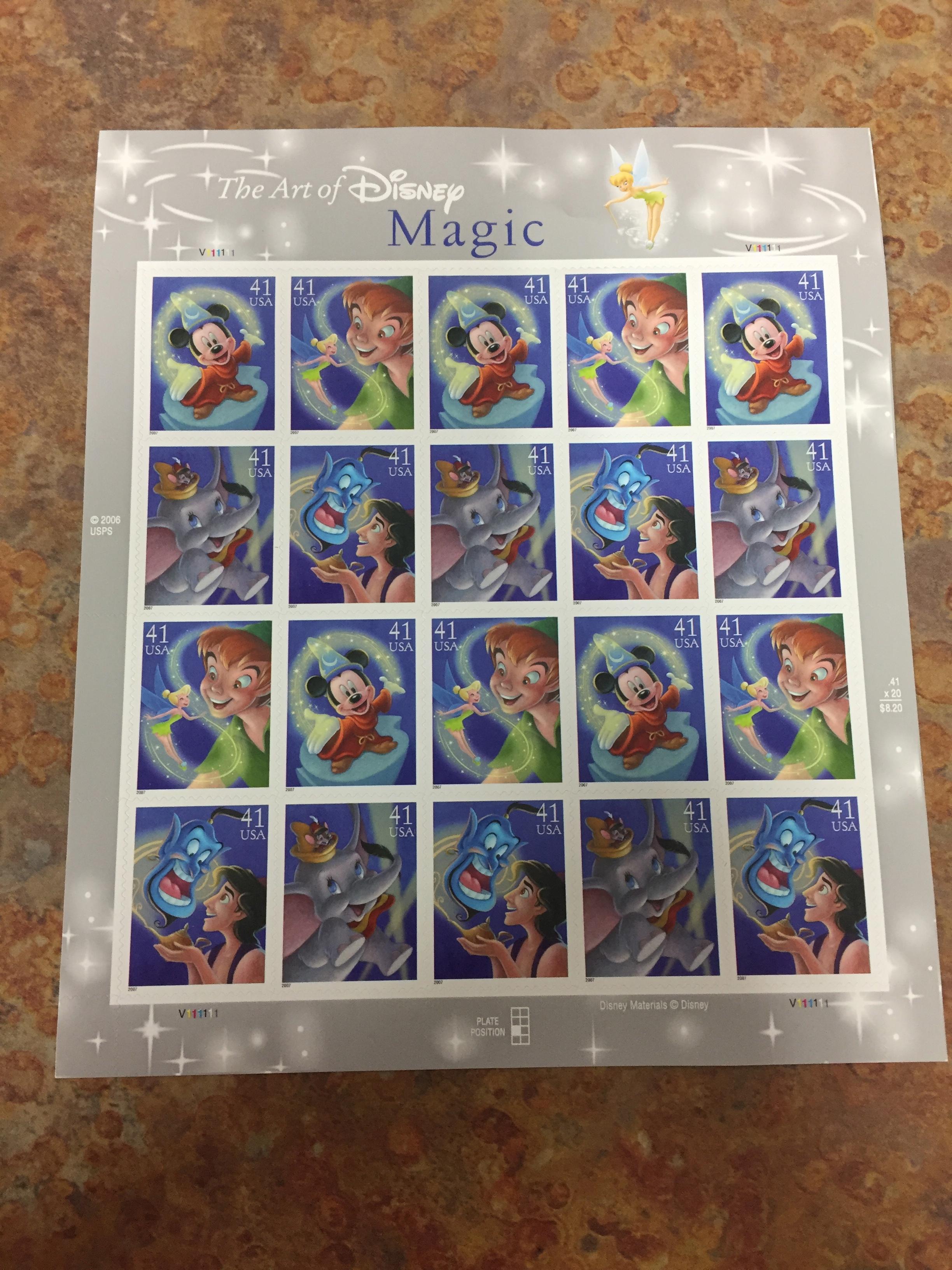 Unused Uncut Sheet of 20 USA The Art of Disney Magic Stamps - $8.20 Face Value