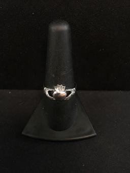 Medium Claddagh Styled Sterling Silver Ring Band - Size 8.5