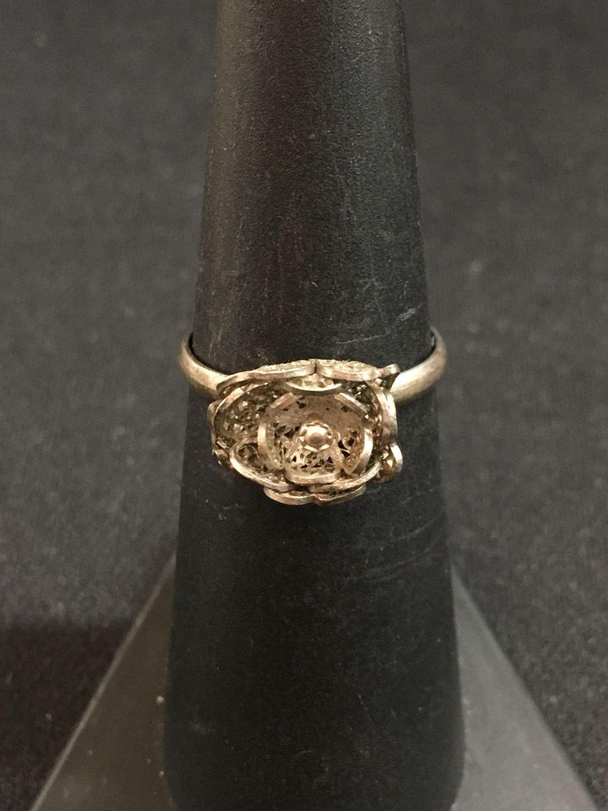 Sterling Silver "Rose Bud" Styled Ring Band w/ Open Lattice Petals - Size 6