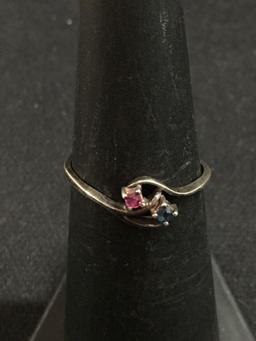 Petite Twin Pink & Blue Sapphire Sterling Silver Promise Ring - Size 6