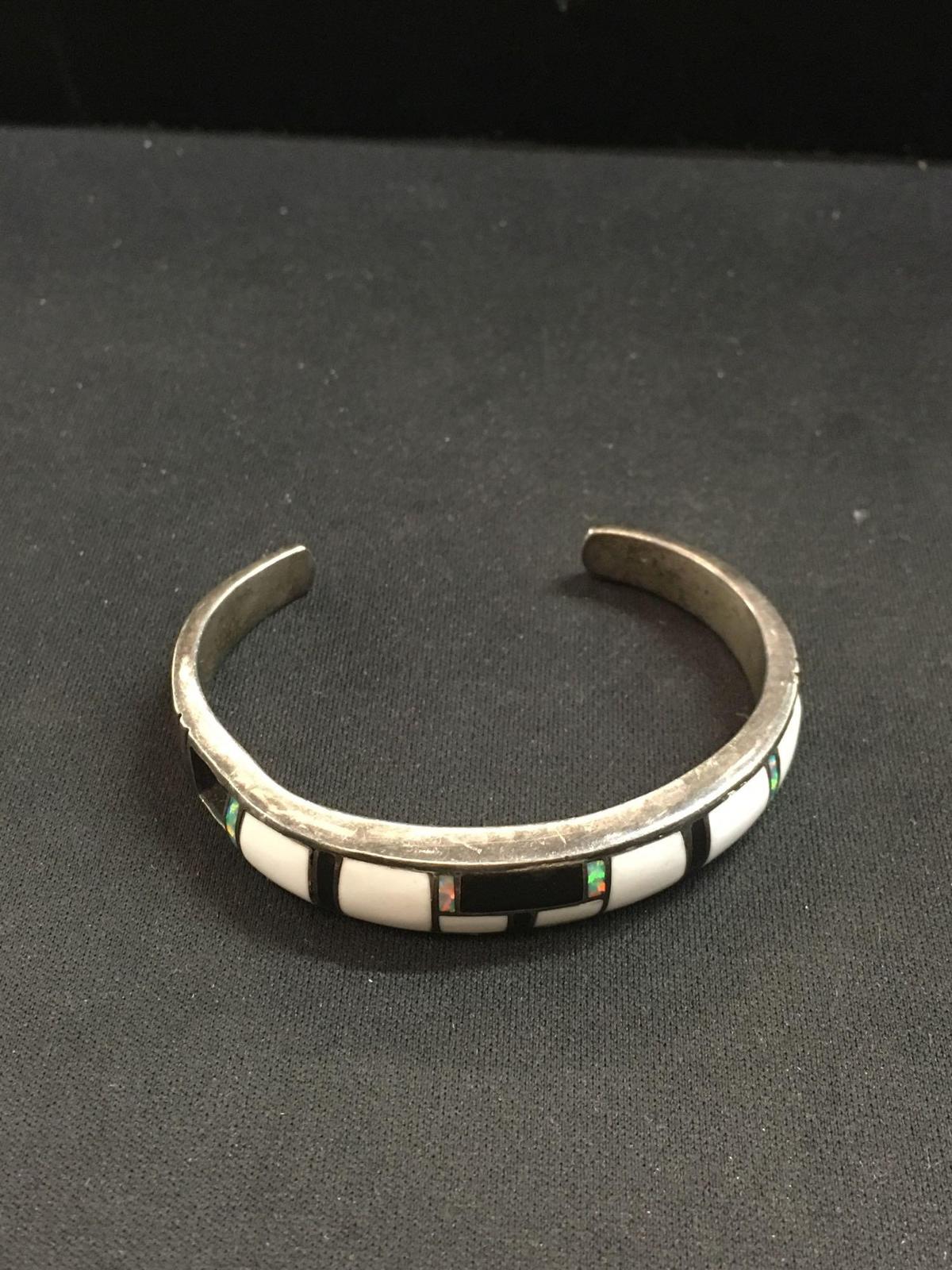 Sterling Silver Multi-Gemstone Inlaid Cuff Bracelet - 35 Grams