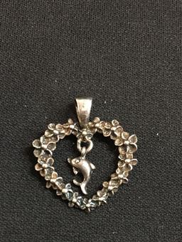 Sterling Silver Floral Designed Sterling Silver Pendant w/ Dolphin Charm