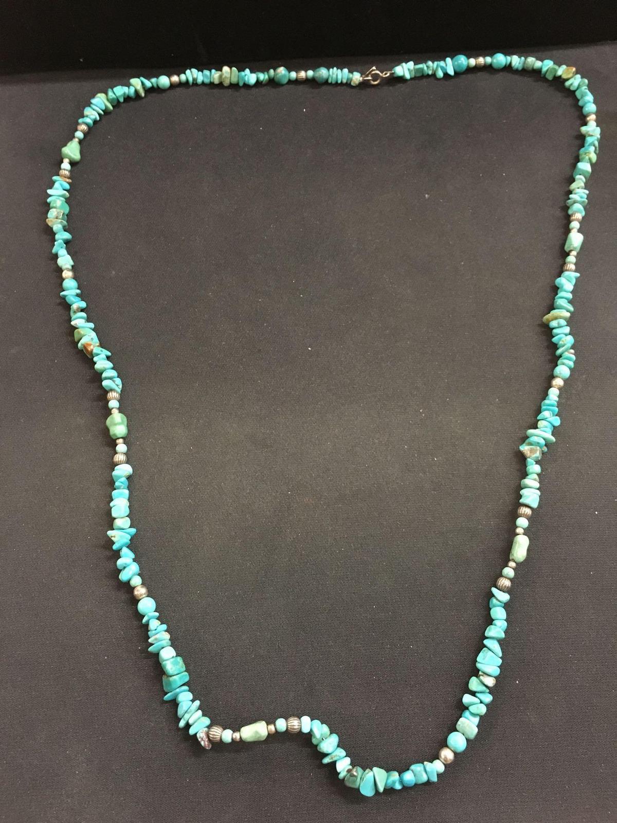 Old Pawn Native American Tumbled Turquoise & Sterling Silver 36" Beaded Necklace