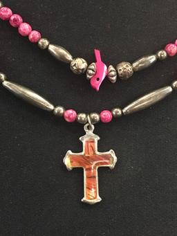 Acrylic Accented Sterling Silver Cross Pendant w/ Gemstone & Silver Beaded 18" Necklace