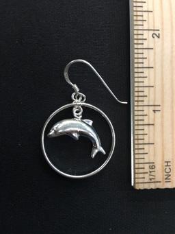 Large Dolphin Hoop Charm Sterling Silver Pair of Dangle Earrings