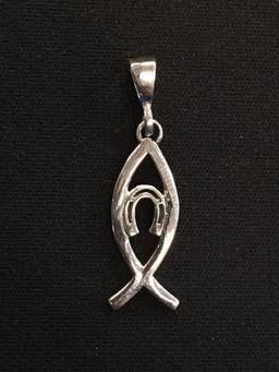 Lucky Horseshoe & Ichthys Christian Fish Styled Sterling Silver Pendant