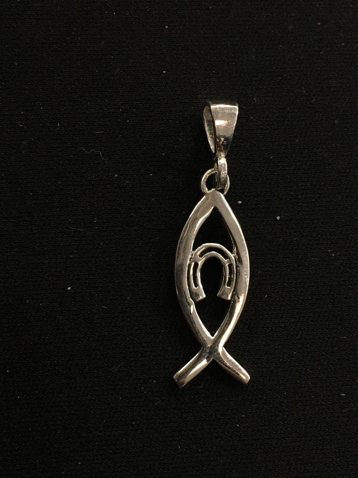 Lucky Horseshoe & Ichthys Christian Faith Fish Styled Sterling Silver Pendant