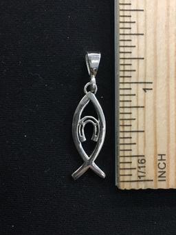 Lucky Horseshoe & Ichthys Christian Faith Fish Styled Sterling Silver Pendant