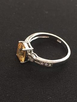 Citrine & White Gemstone Sterling Silver Cocktail Ring - Size 8.75