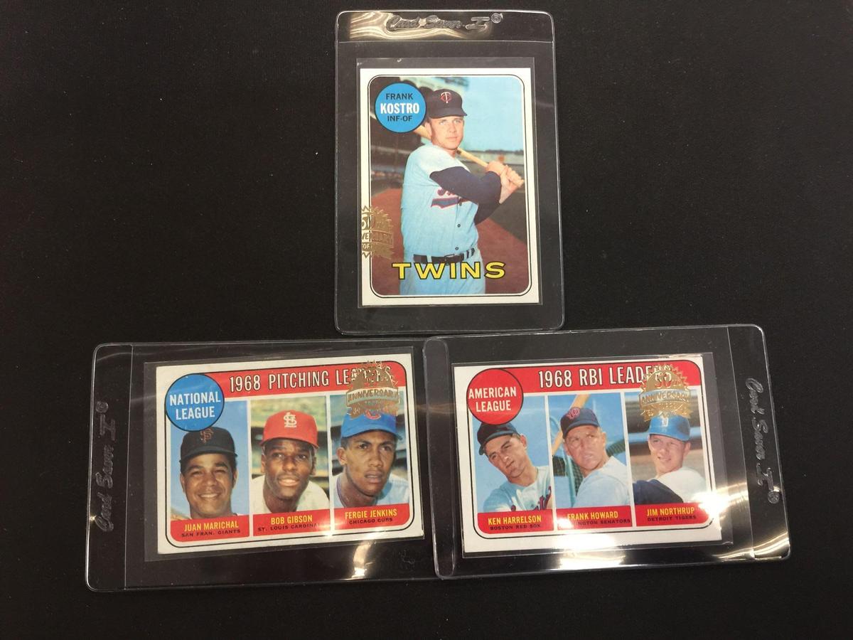 3 Card Lot of 1969 Topps Baseball Cards with 50th Anniversary Stamp - with 2 League Leaders Cards