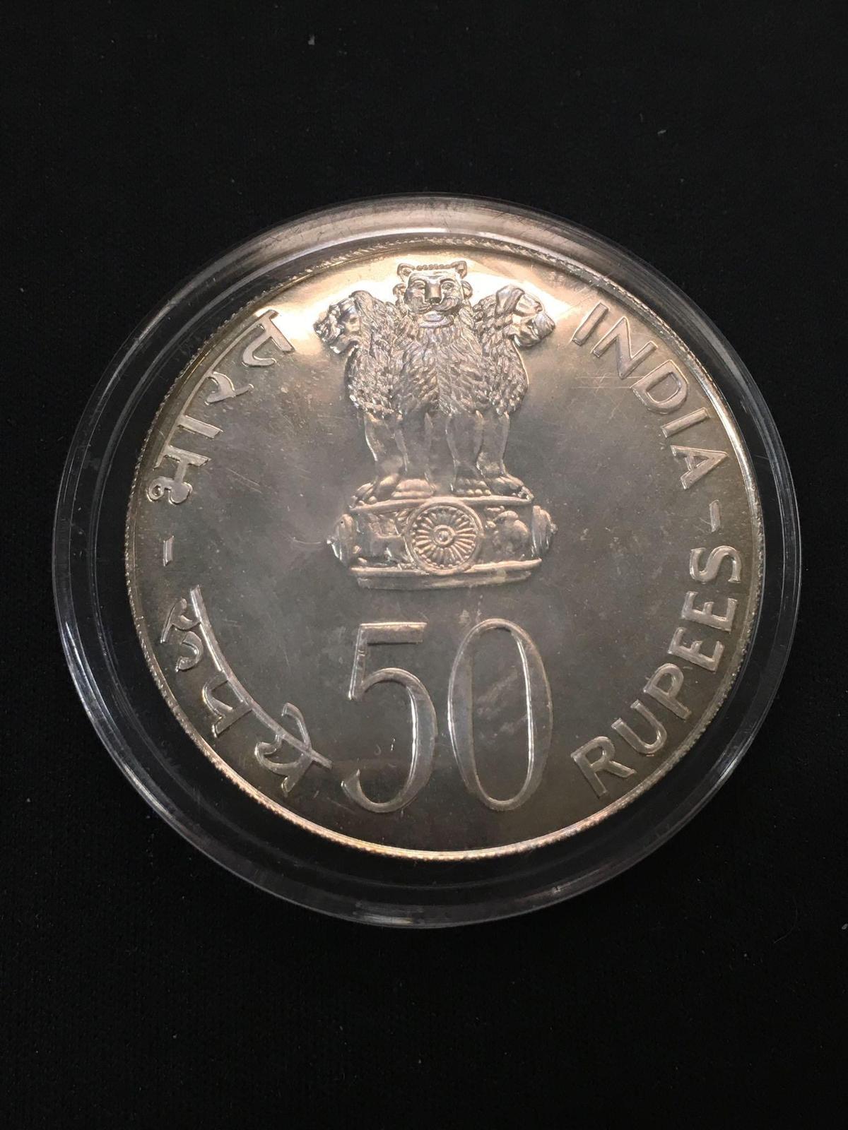 RARE 50% Silver 50 Rupees India "Planned Families: Food For All" Coin