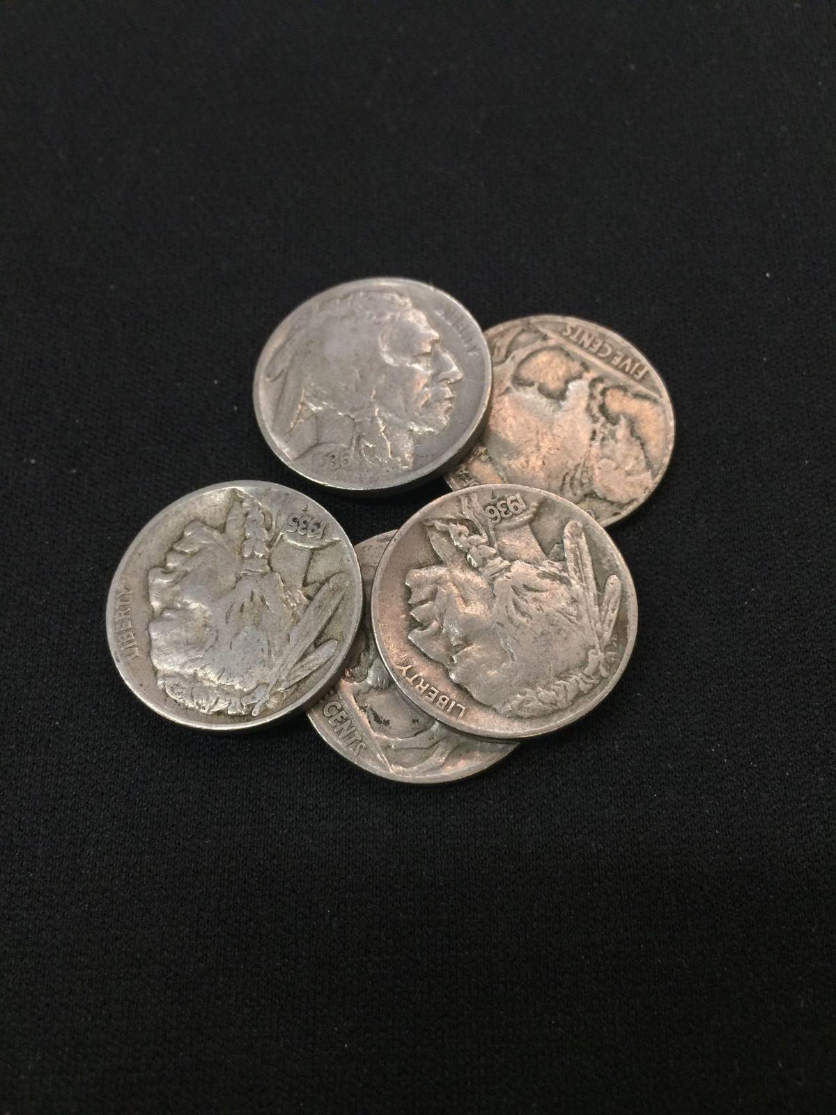 Lot of 5 United States Indian Head Buffalo Nickels With Partial or Full Dates