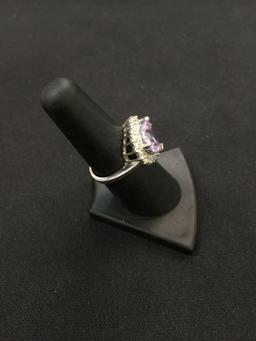 FAS Sterling Silver & Purple Heart Shaped Gemstone Ring - Sz 7 (6.3 Grams)