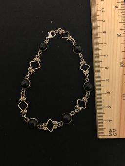 Round Cabochon Black Star Sapphire 8" Sterling Silver Link Bracelet