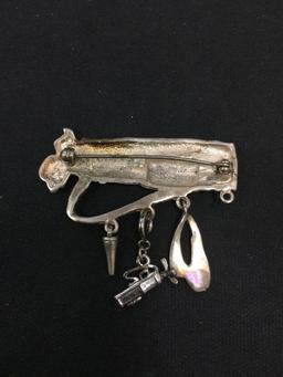 Golf Bag Styled Sterling Silver Brooch w/ Three Charms