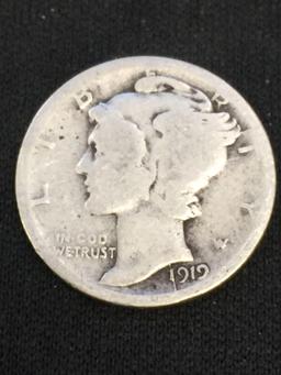 1919-D United States Mercury Silver Dime - 90% Silver Coin