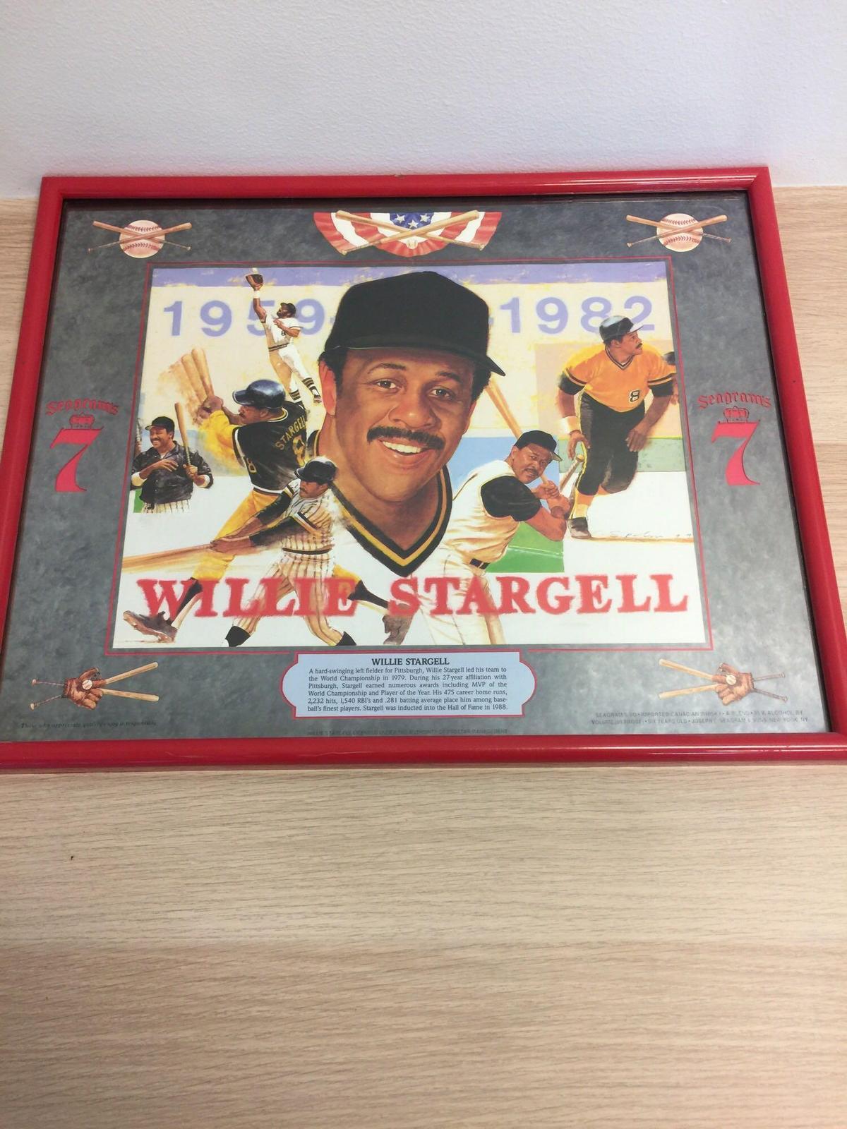 Rare 20" x 16" Framed Willie Stargell Pirates Seagrams 7 Liquor Mirror - Rare