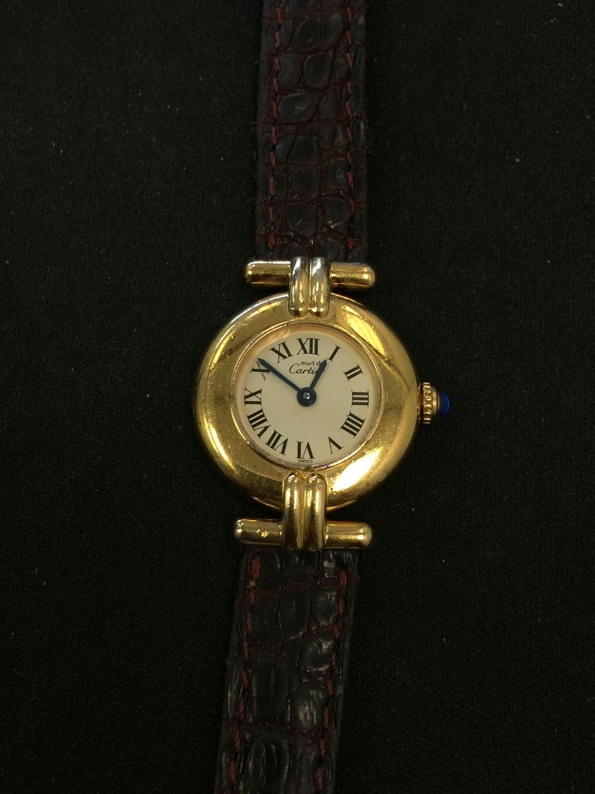 Cartier Designed Vermeil 24 mm Diameter Watch w/ Sapphire Crown & Leather Strap