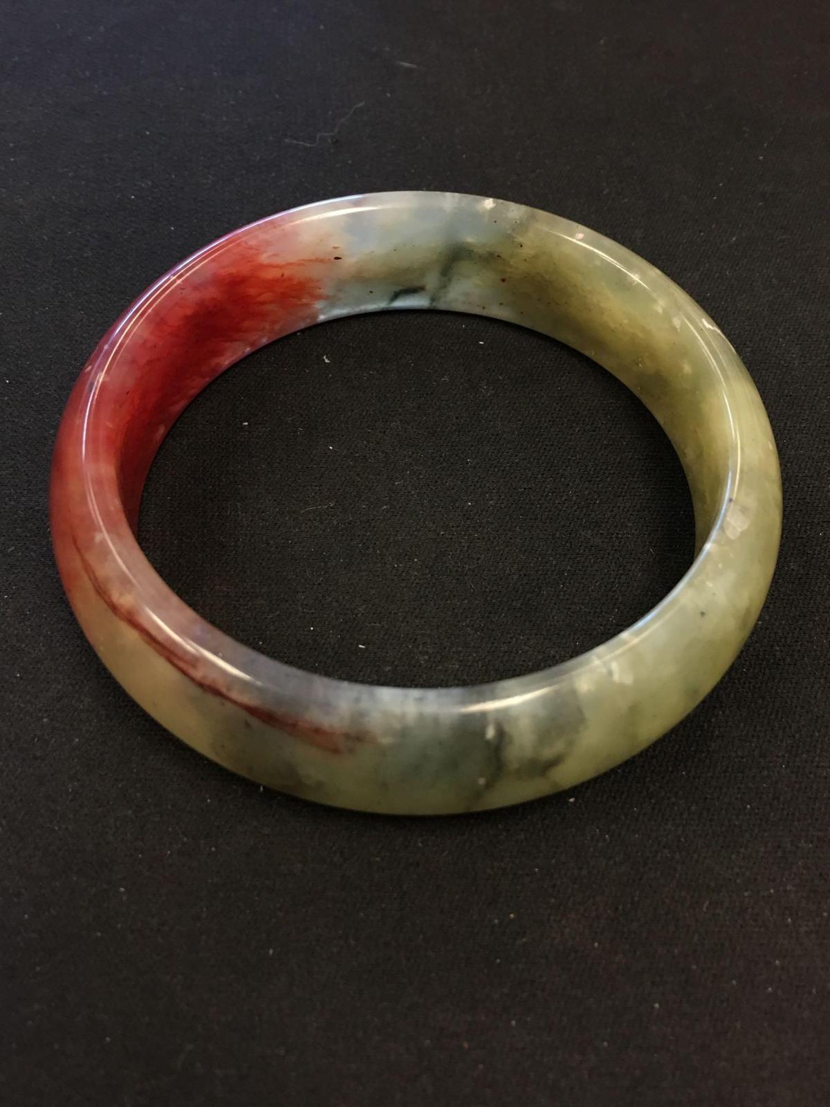 Carved Green & Red Solid Jade Bangle Bracelet 15 mm Wide x 75 mm Diameter - 55 Grams