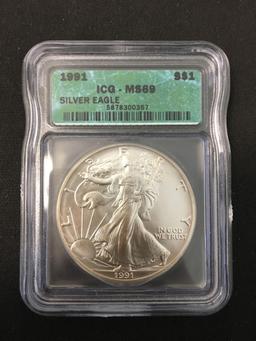1991 United States 1 Ounce .999 Fine Silver American Eagle - ICG Graded MS 69