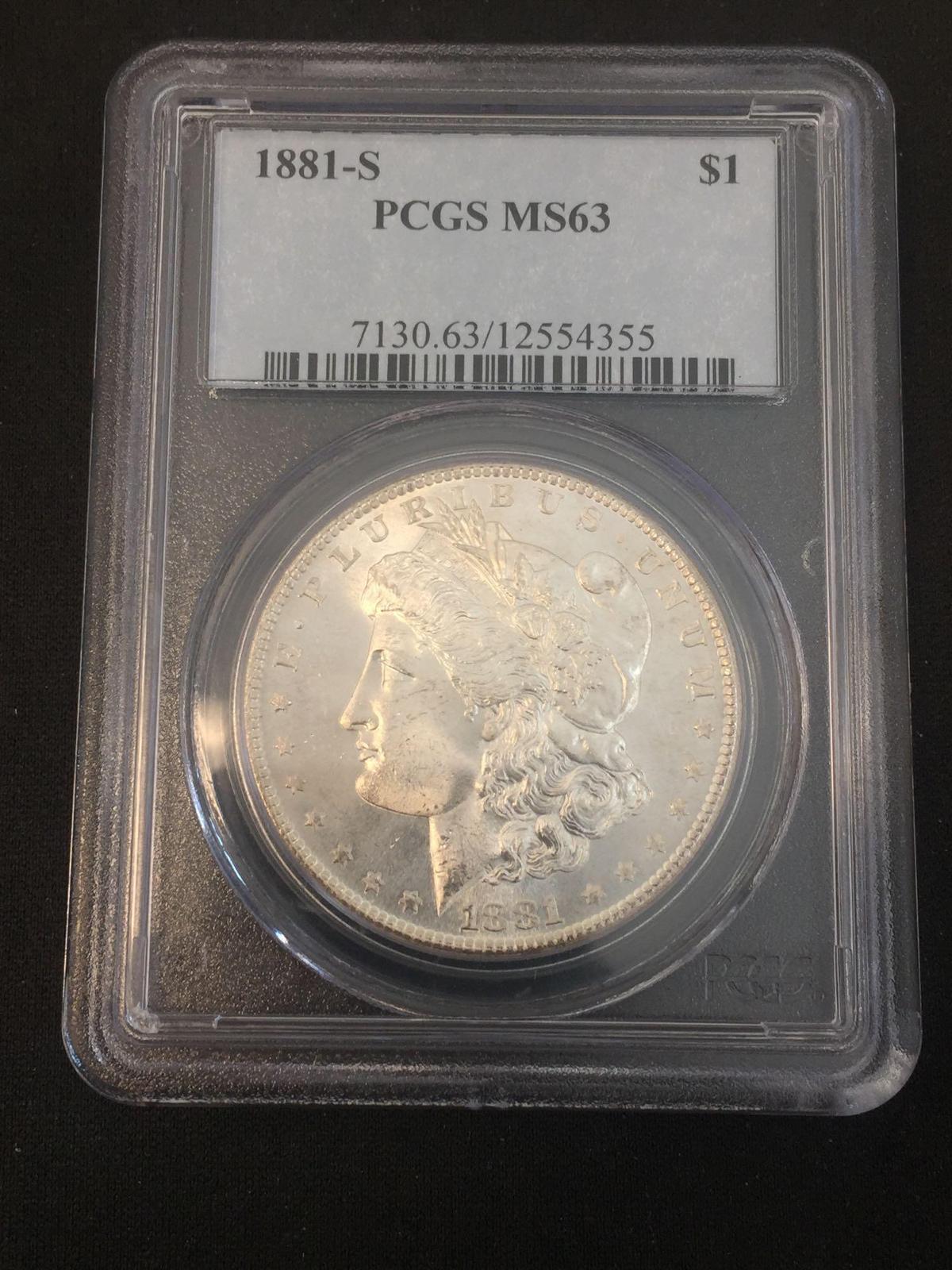 PCGS Graded 1881-S United States Morgan Silver Dollar - 90% Silver Coin - MS 63
