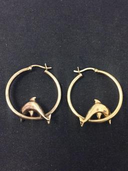 Gold-Tone Round 28mm Dolphin Motif Pair of Sterling Silver Hoop Earrings