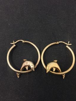Gold-Tone Round 28mm Dolphin Motif Pair of Sterling Silver Hoop Earrings