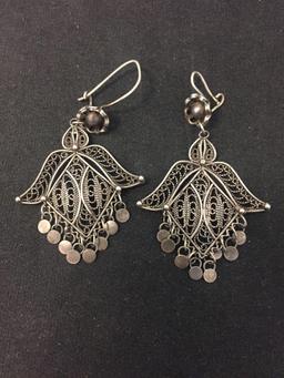 Turkish Made Milgrain Filigree Sterling Silver Lace 2.5" Long Pair of Chandelier Earrings