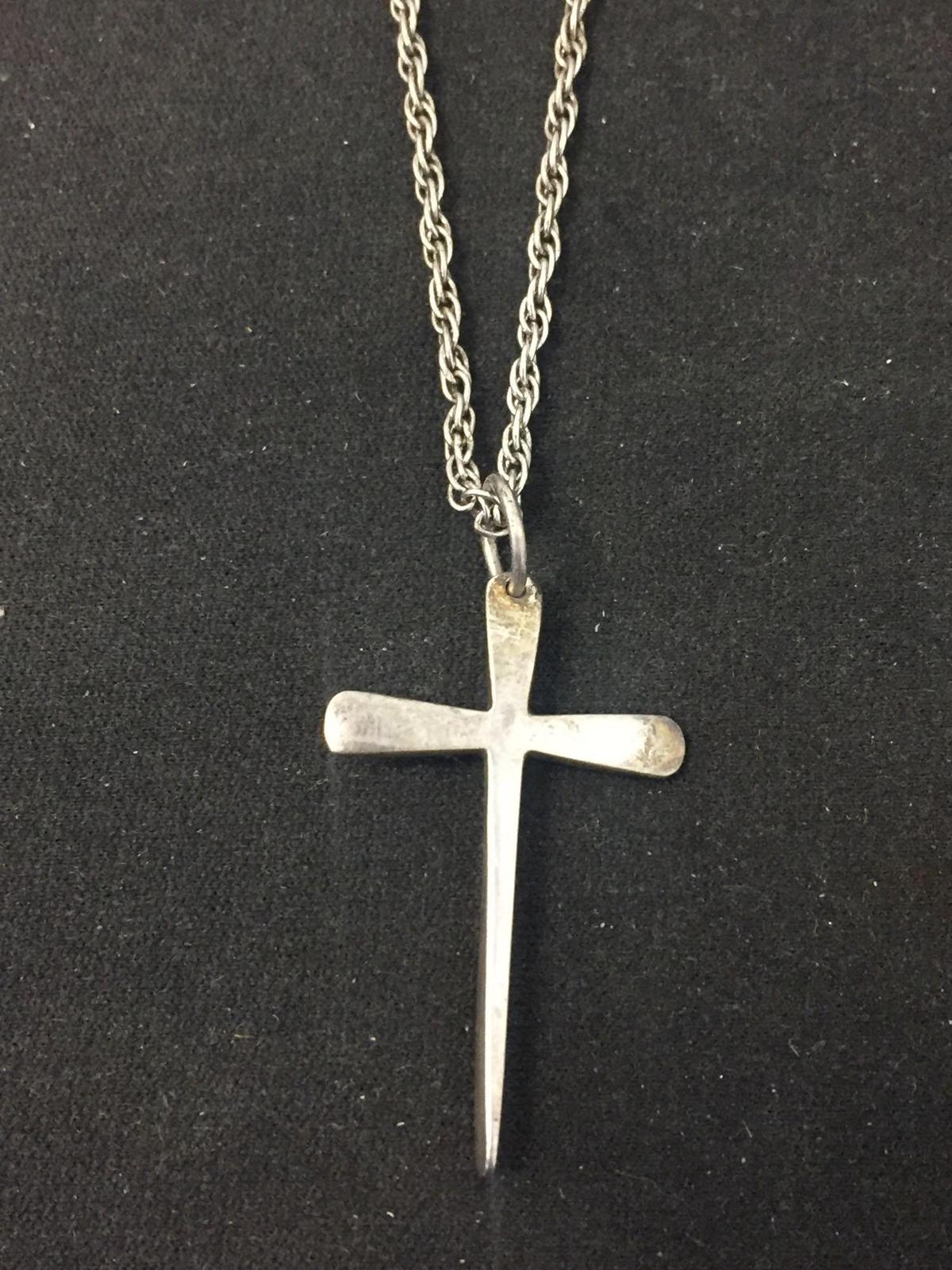 Modern 1.75" Long Sterling Silver Cross Pendant w/ 18" Rope Chain